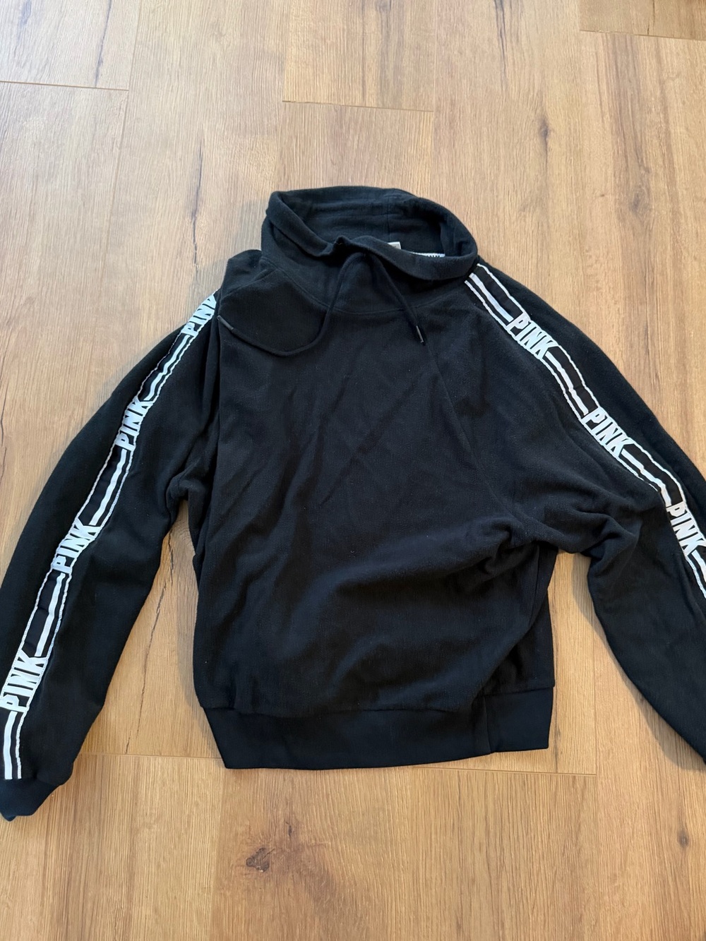 PINK Victoria's Secret Black Hoodie with White Logo Sleeve Tape